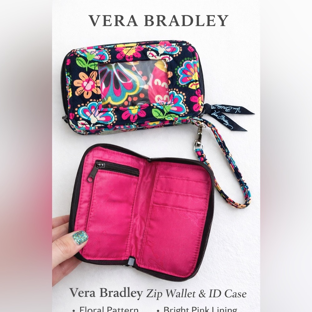 Vera Bradley Black Floral Wristlet Wallet with Hot Pink Interior